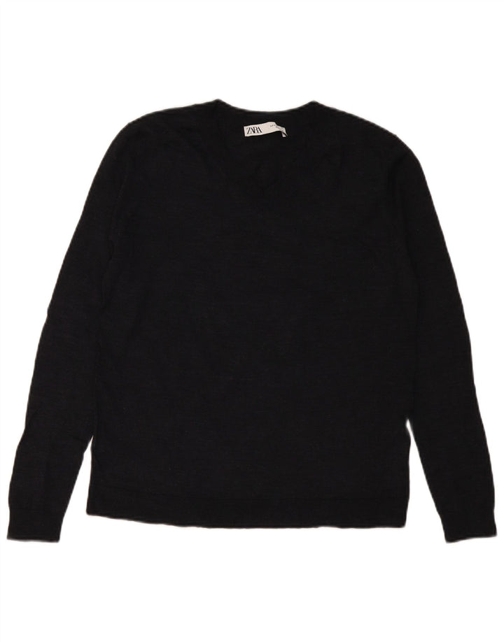 Zara Dame V-hals sweater UK 10 Small Navy Blue Wool