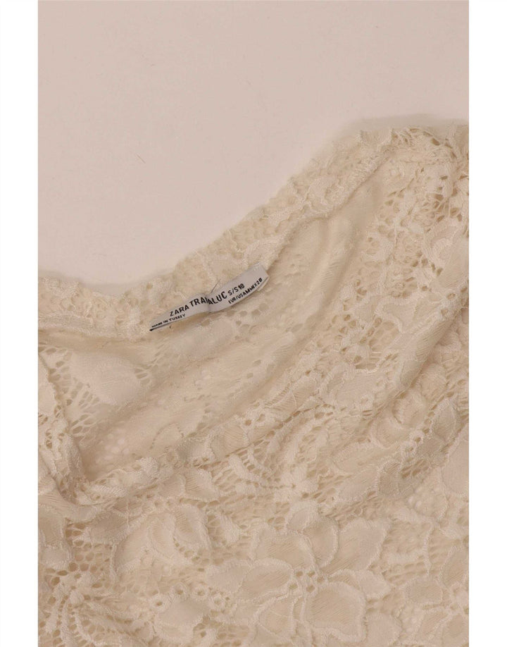 Zara Womens Crop See Through Bluse Top UK 12 Medium Off White Floral