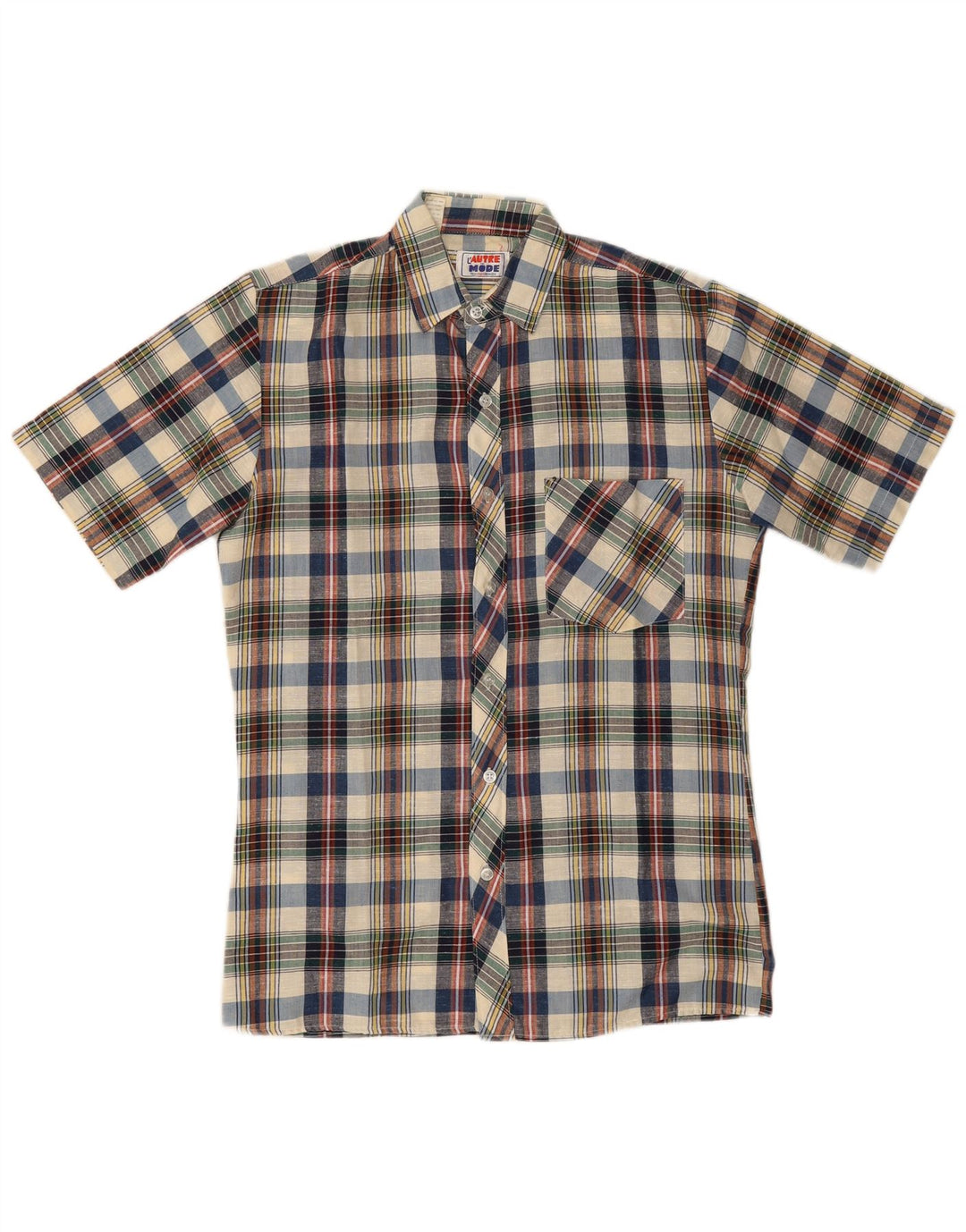 Vintage kortærmet herreskjorte medium flerfarvet plaid