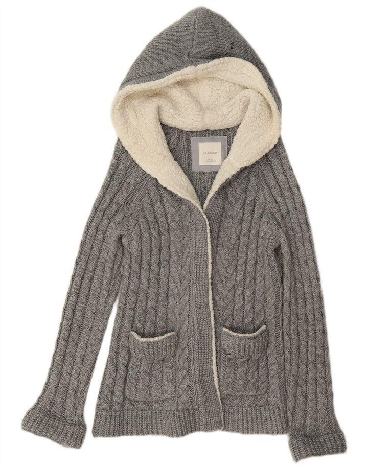 Zara Dame Hætte Cardigan Sweater UK 14 Medium Grå Akryl