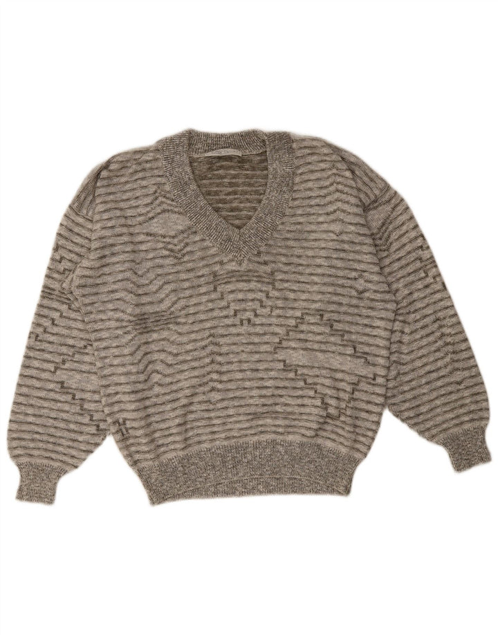 Vintage herre V-hals sweater mellem grå stribet