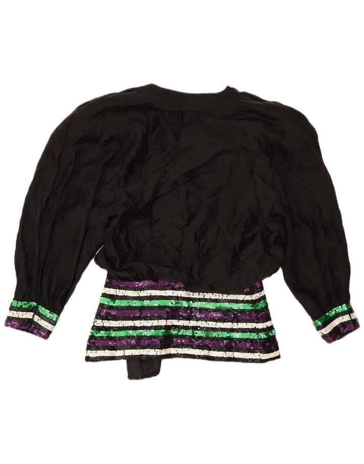 Vintage damebluse med 3/4 ærmer IT 44 Medium Black Floral Silke