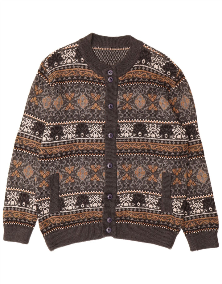 Vintage herre cardigan sweater Large Grey Fair Isle Wool
