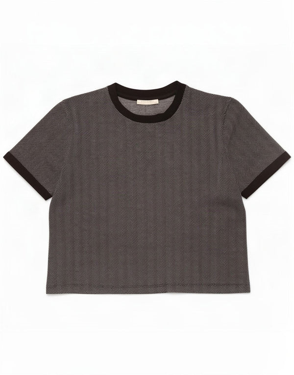 Zara Womens Crop T-Shirt Top UK 16 Large Grey Herringbone