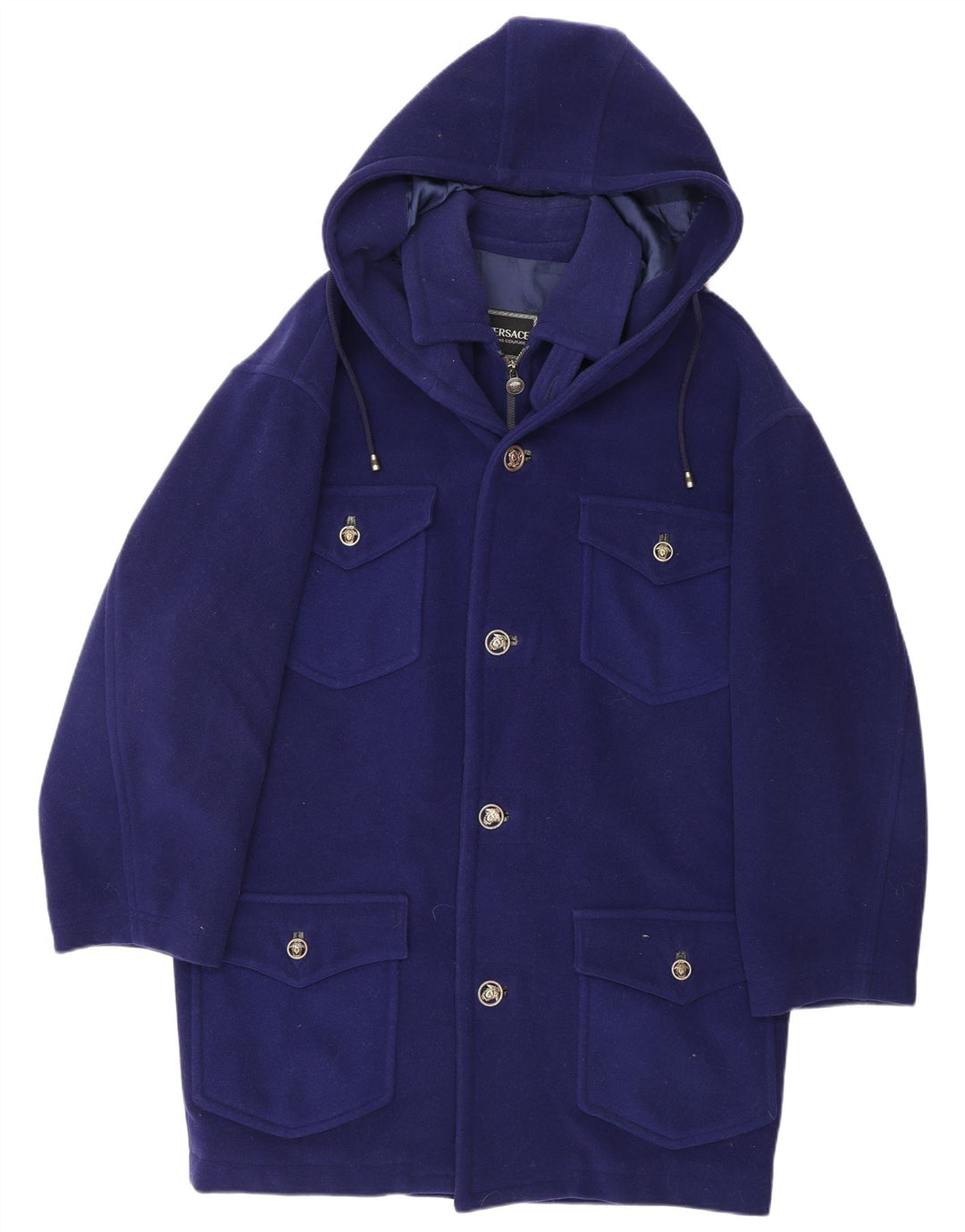 VERSACE Duffle Coat med hætte til mænd UK 38 Medium Blue Wool Designer