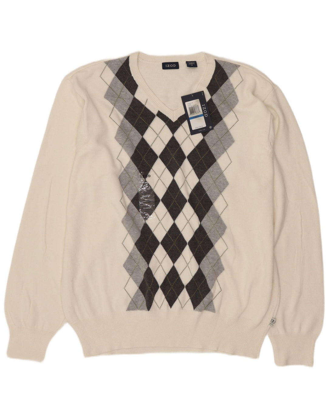 Izod Herre V-hals sweater XL Hvid Argyle/Diamant Bomuld