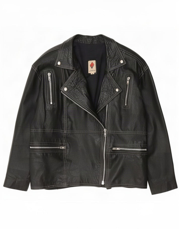 Vintage dame biker læderjakke IT 48 XL Sort