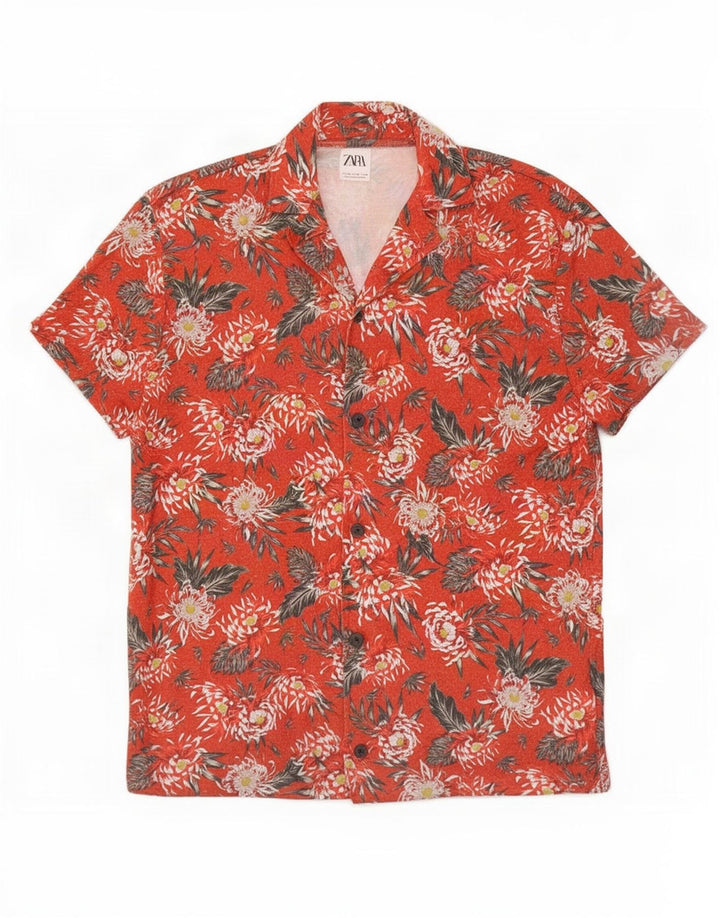 Zara Herre kortærmet skjorte medium rød blomstret polyester