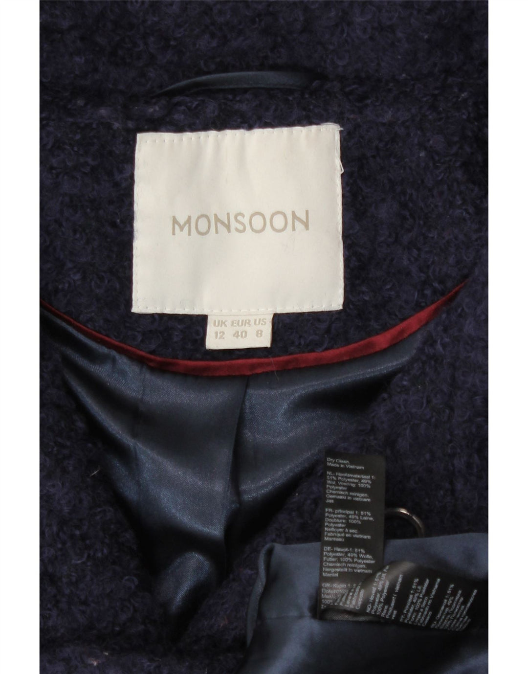 Monsoon Dame Overfrakke UK 12 Medium Navy Blue Polyester