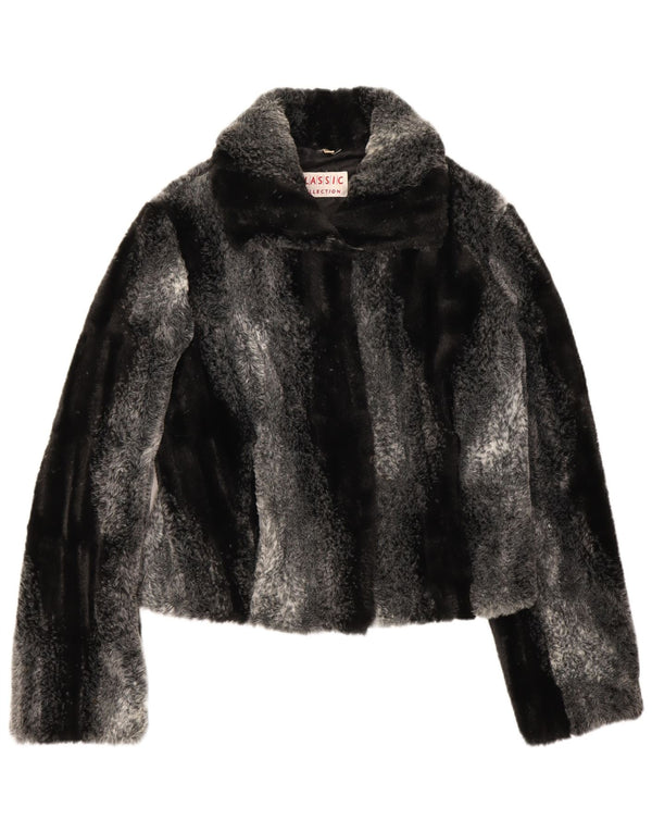CLASSIC Womens Crop Faux Fur Jacket UK 12 Mellem sort stribet akryl