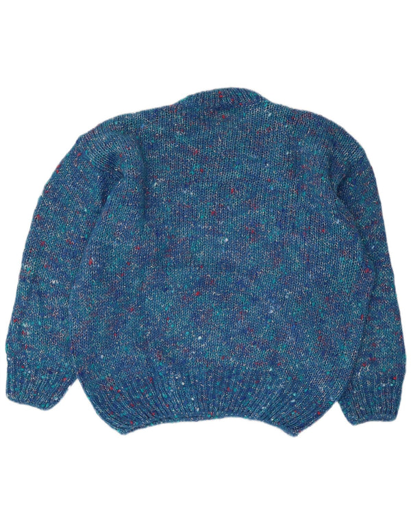 Vintage kvinders grafisk rund hals sweater UK 16 store blå flækkede