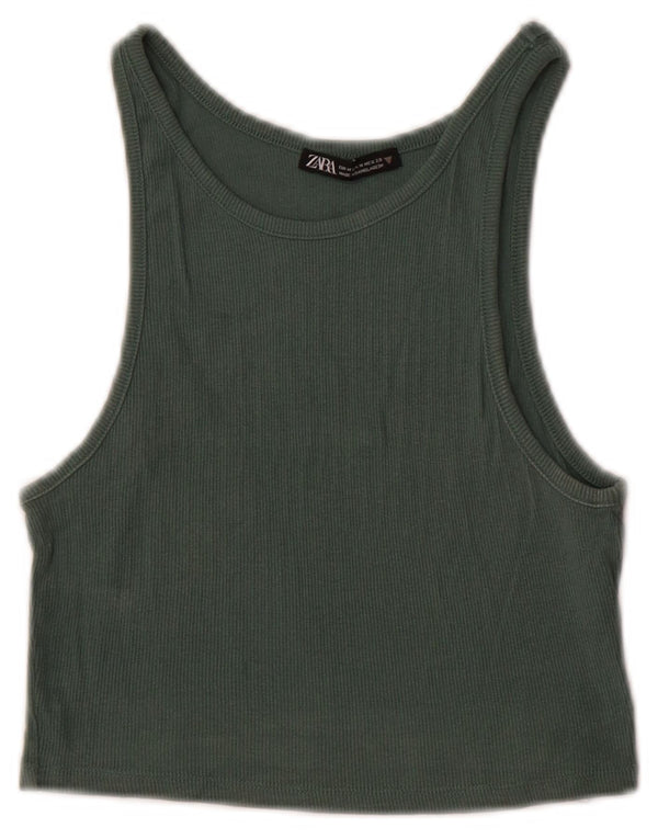 Zara Womens Crop Vest Top UK 12 Medium Green Bomuld