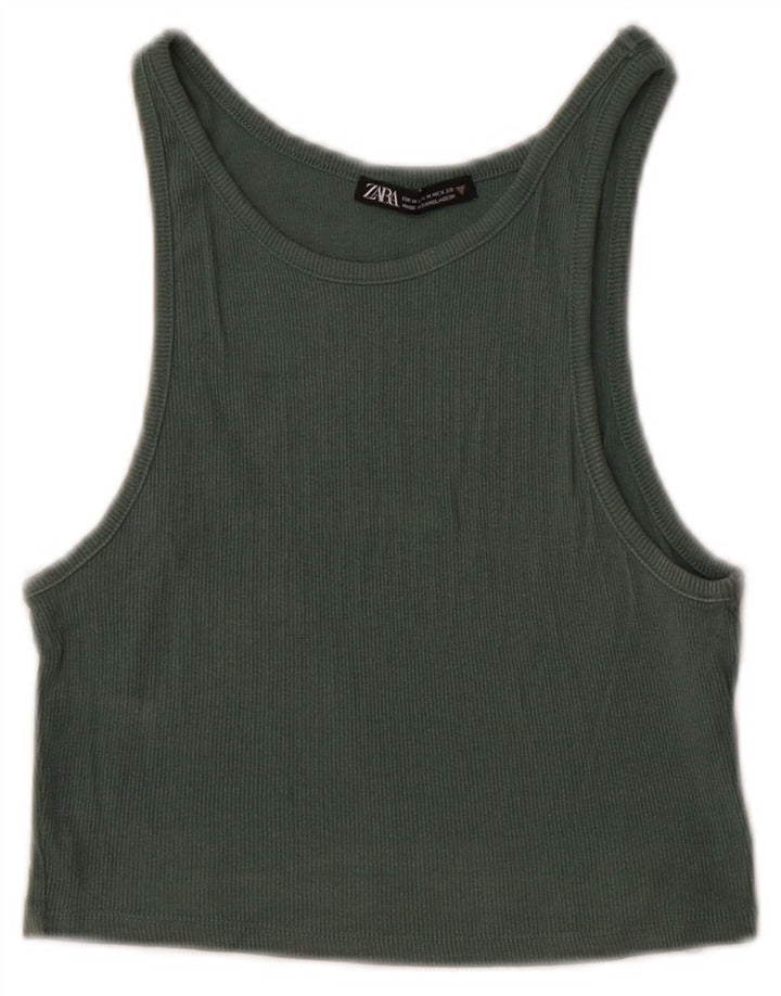 Zara Womens Crop Vest Top UK 12 Medium Green Bomuld