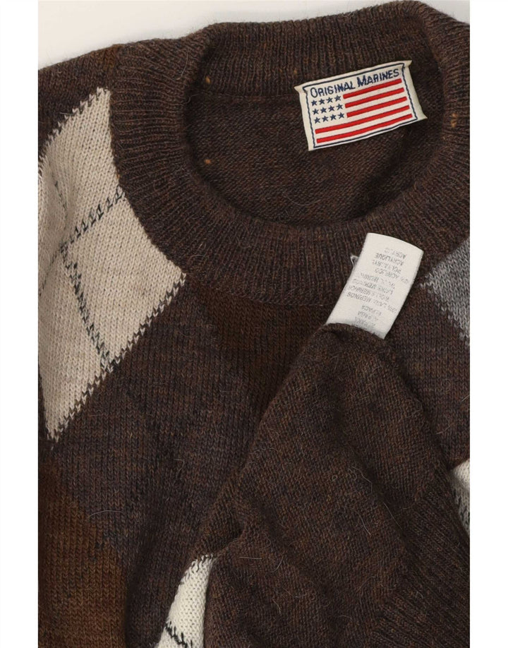 Vintage Herre Crew Neck Jumper Sweater Large Brown Argyle/Diamond