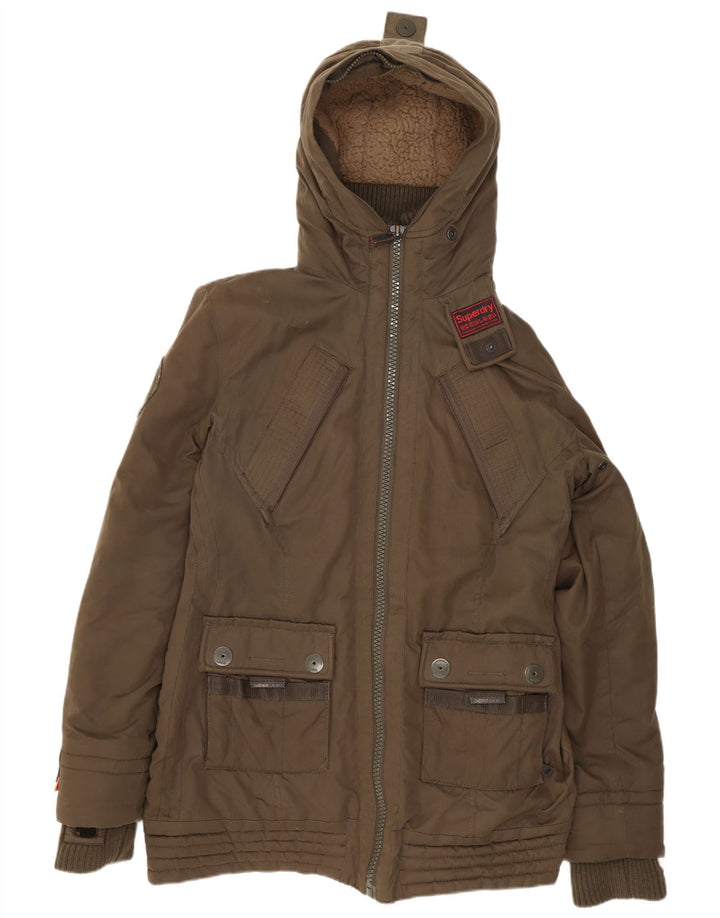 Superdry Windbreaker-jakke med hætte til kvinder UK 16 Stor Khaki Polyester