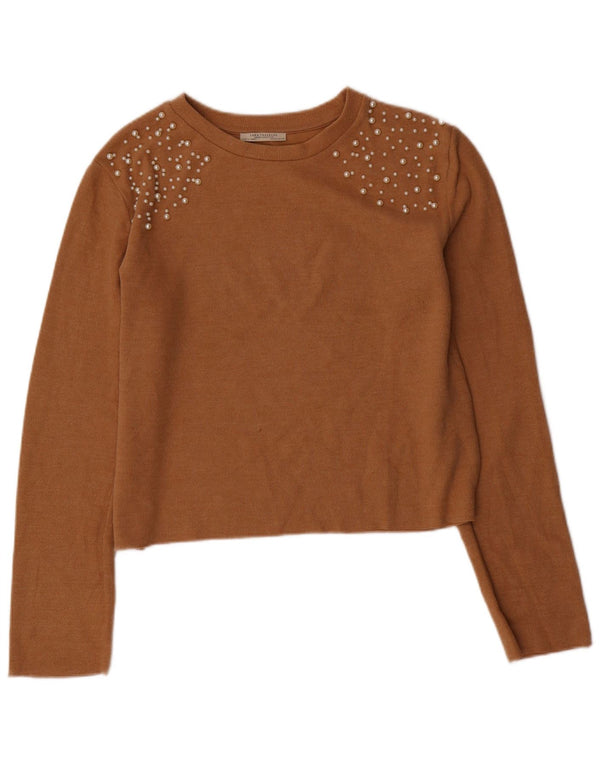 ZARA Dame Crop Crew Neck Jumper Sweater UK 16 Large Brown