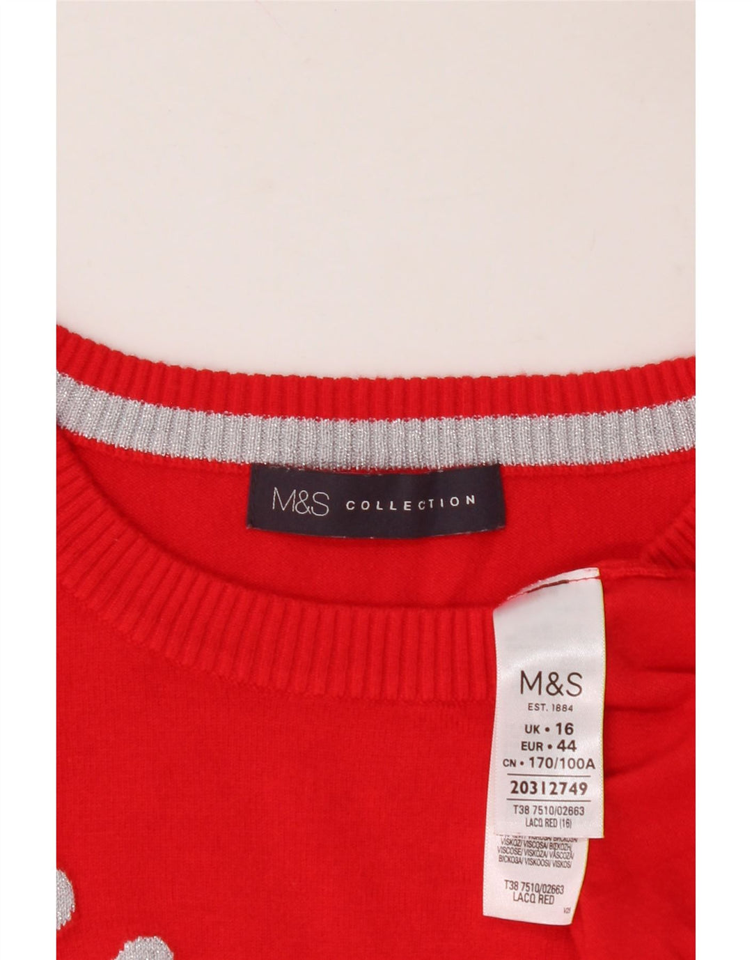 MARKS & SPENCER Womens Graphic Crew Neck Jumper Sweater UK 16 Large  Red Vintage Marks & Spencer and Second-Hand Marks & Spencer from Messina Hembry 