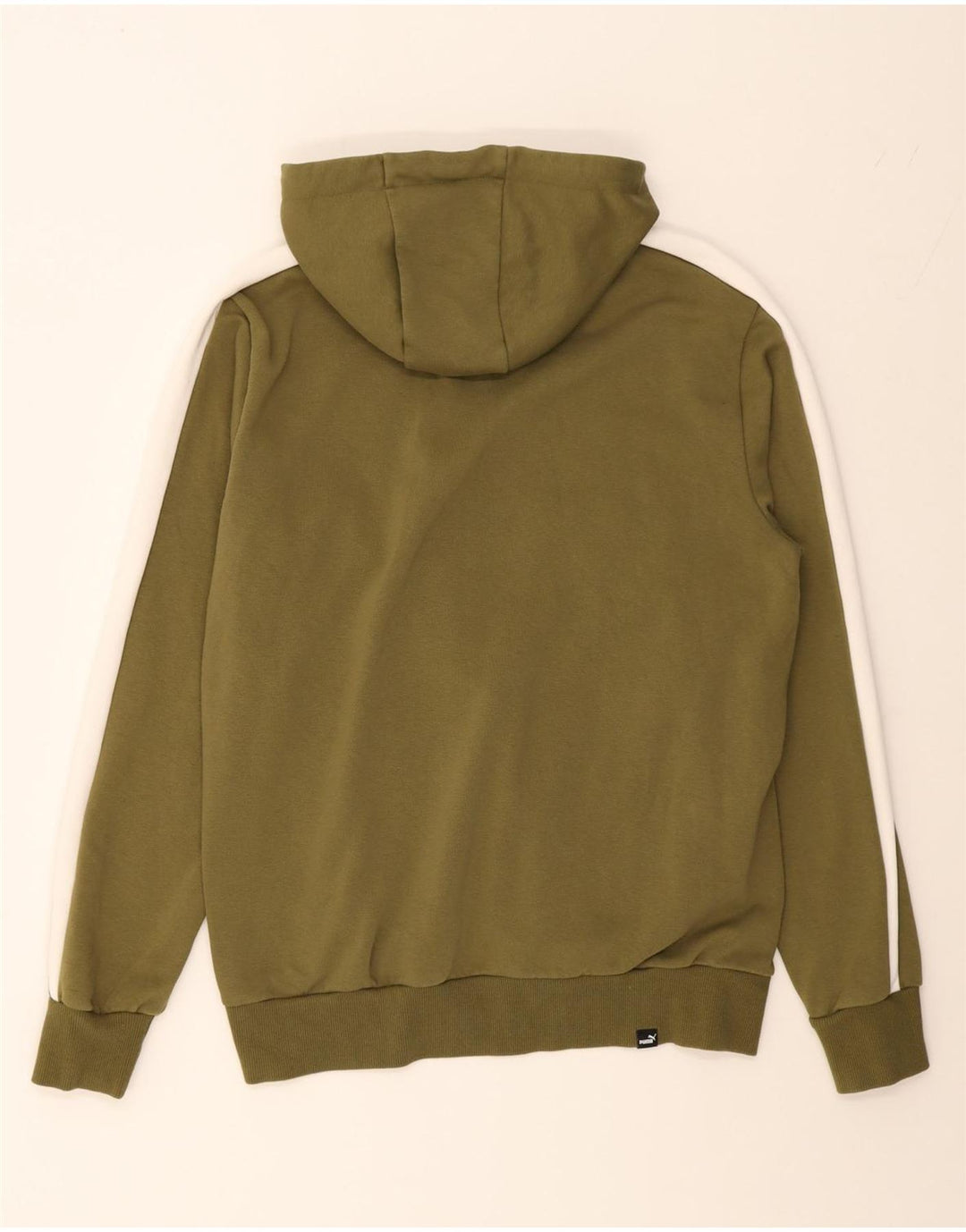 PUMA Mens Graphic Hoodie Jumper Medium Khaki Colourblock Cotton Vintage Puma and Second-Hand Puma from Messina Hembry 