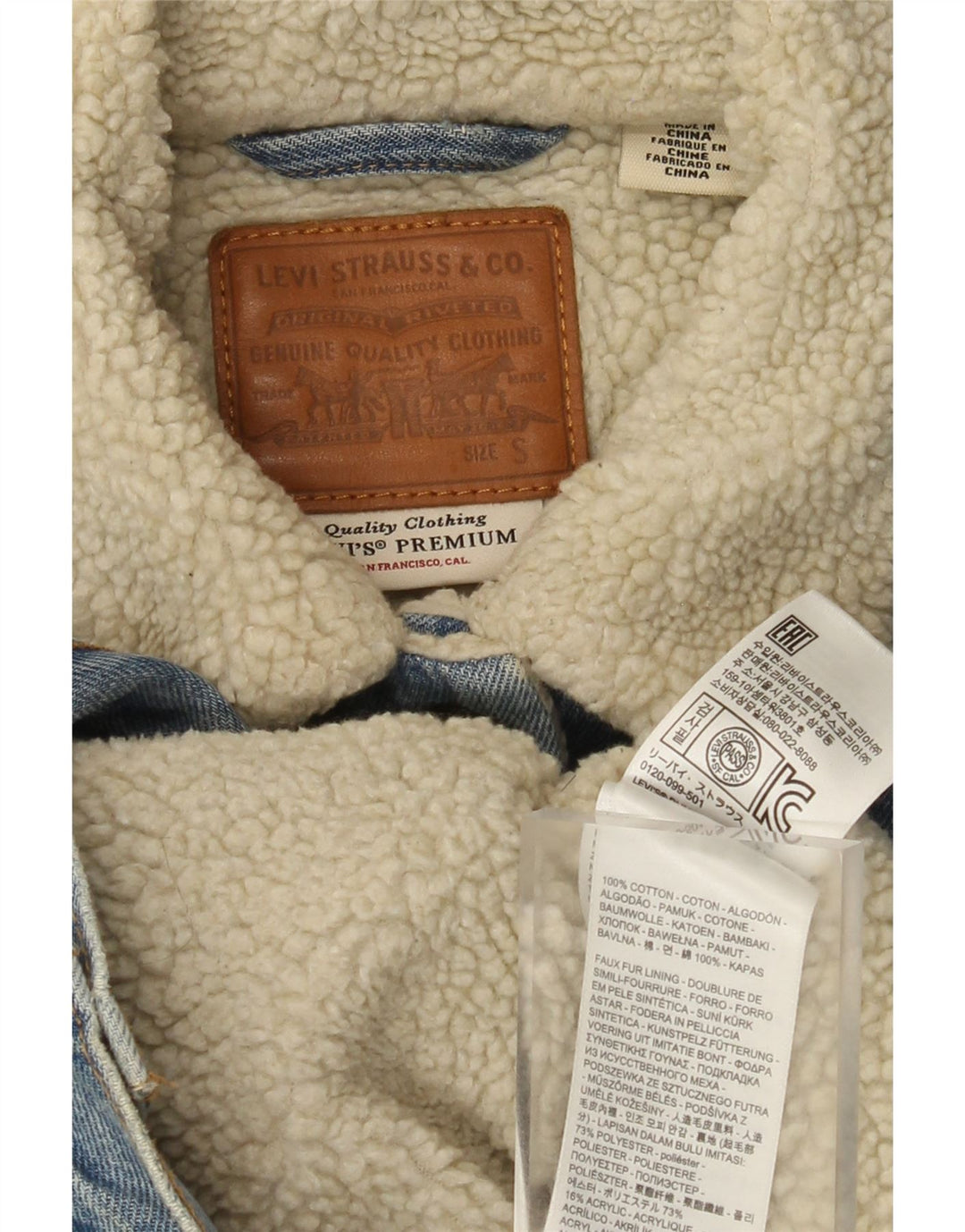 Levi's Kvinder grafisk Sherpa denimjakke UK 10 Lille blå bomuld