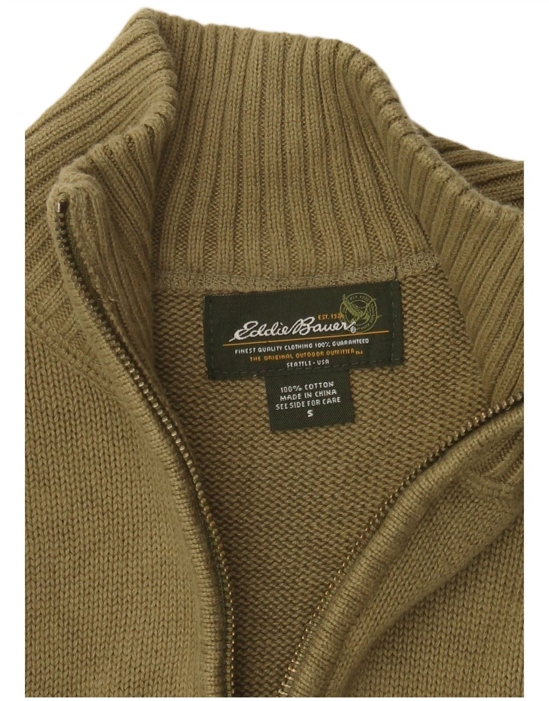 EDDIE BAUER Sweater med lynlås til mænd Small Khaki Bomuld