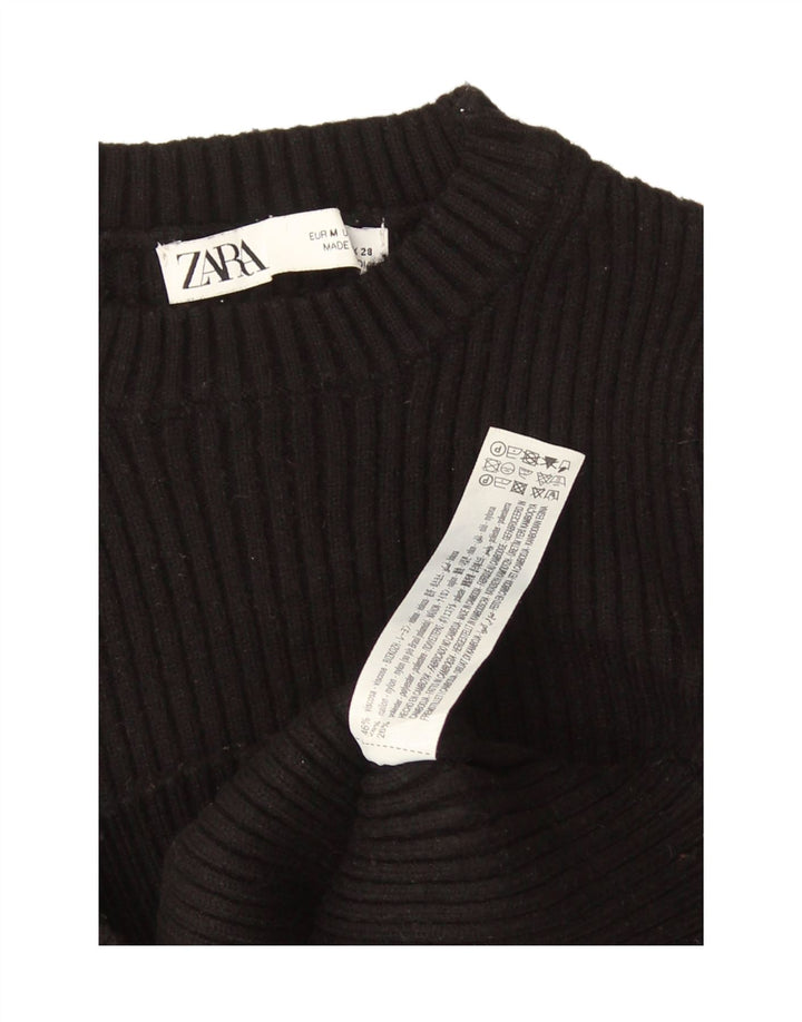 Zara Womens Crop Crew Neck Jumper Sweater UK 12 Medium Black Viscose