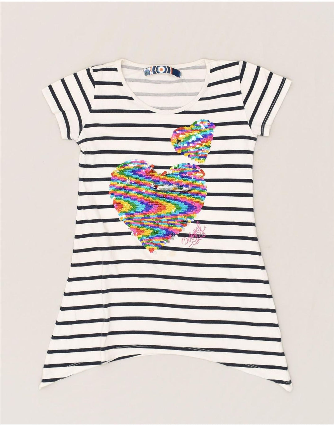 DESIGUAL Girls Graphic Tunic Top 6-7 Years White Striped Nautical | Vintage Desigual | Thrift | Second-Hand Desigual | Used Clothing | Messina Hembry 