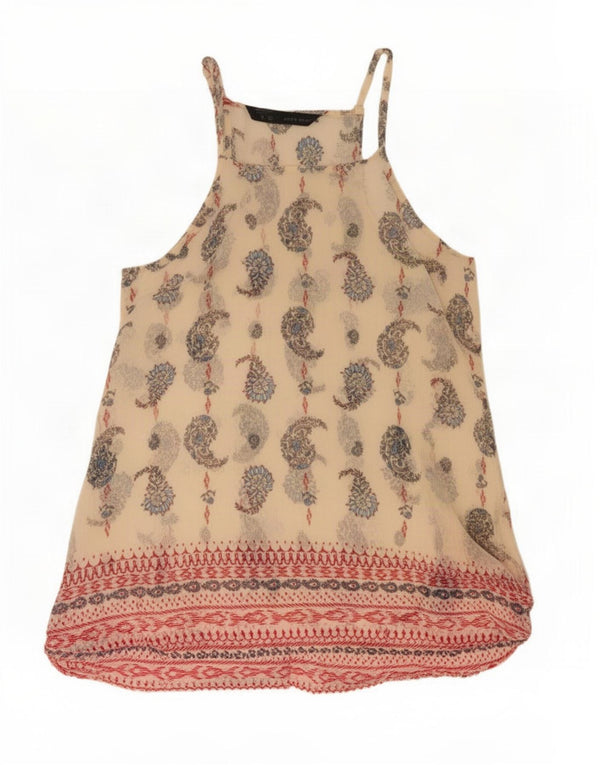 Zara Dame Ærmeløs Tunika Top UK 16 Stor Beige Paisley Polyester