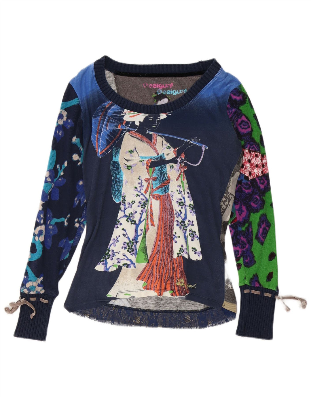 DESIGUAL Dame Grafisk Top Langærmet UK 14 Medium Navy Blue Floral