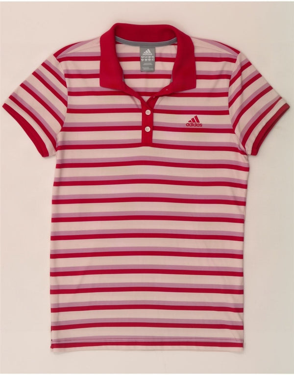 Adidas Dame Climalite Polo Shirt UK 12 Medium Pink Stribet Bomuld