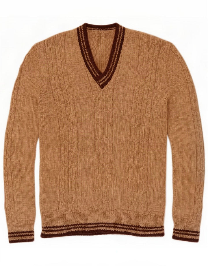 Vintage Herre V-hals sweater Lille Brun Stribet