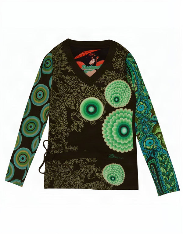 Desigual Dame Grafisk Top Langærmet UK 10 Small Khaki Paisley Cotton