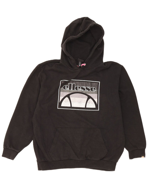 Ellesse Dame Grafisk Oversized Hoodie Jumper UK 16 Stor Sort Bomuld