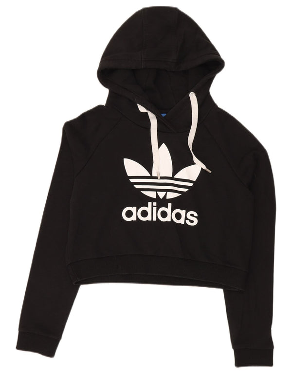 Adidas Womens Crop Graphic Hoodie Jumper UK 12 Medium Black Bomuld