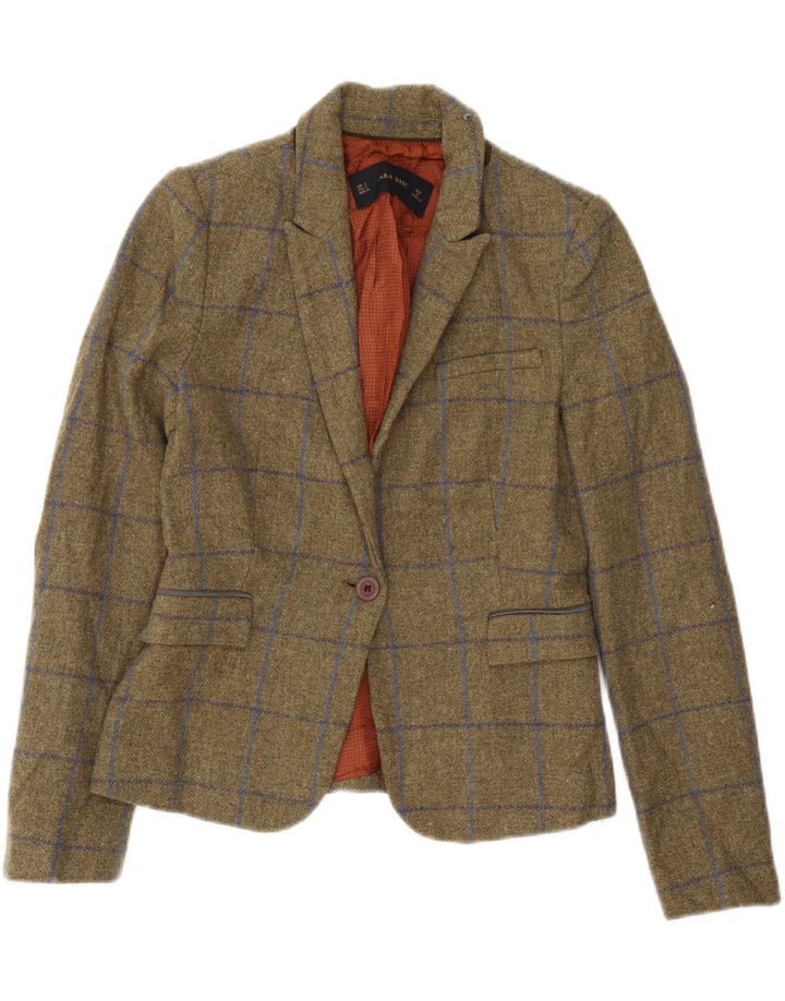 Zara Dame 1 Knap Blazer Jacket UK 10 Small Khaki Check