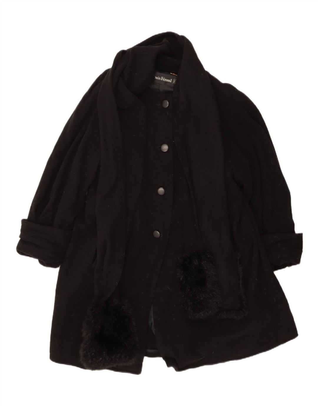 Louis Feraud Dame Overfrakke UK 14 Large Black Virgin Wool Classic