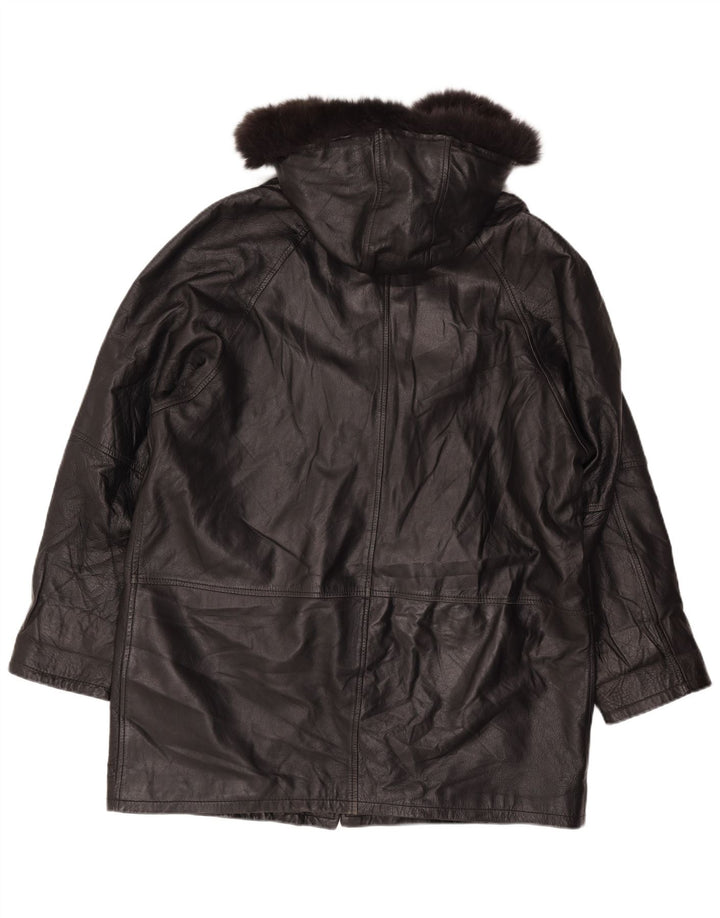 Vintage Dame Loose Fit Hooded Læderfrakke UK 18 XL sort læder