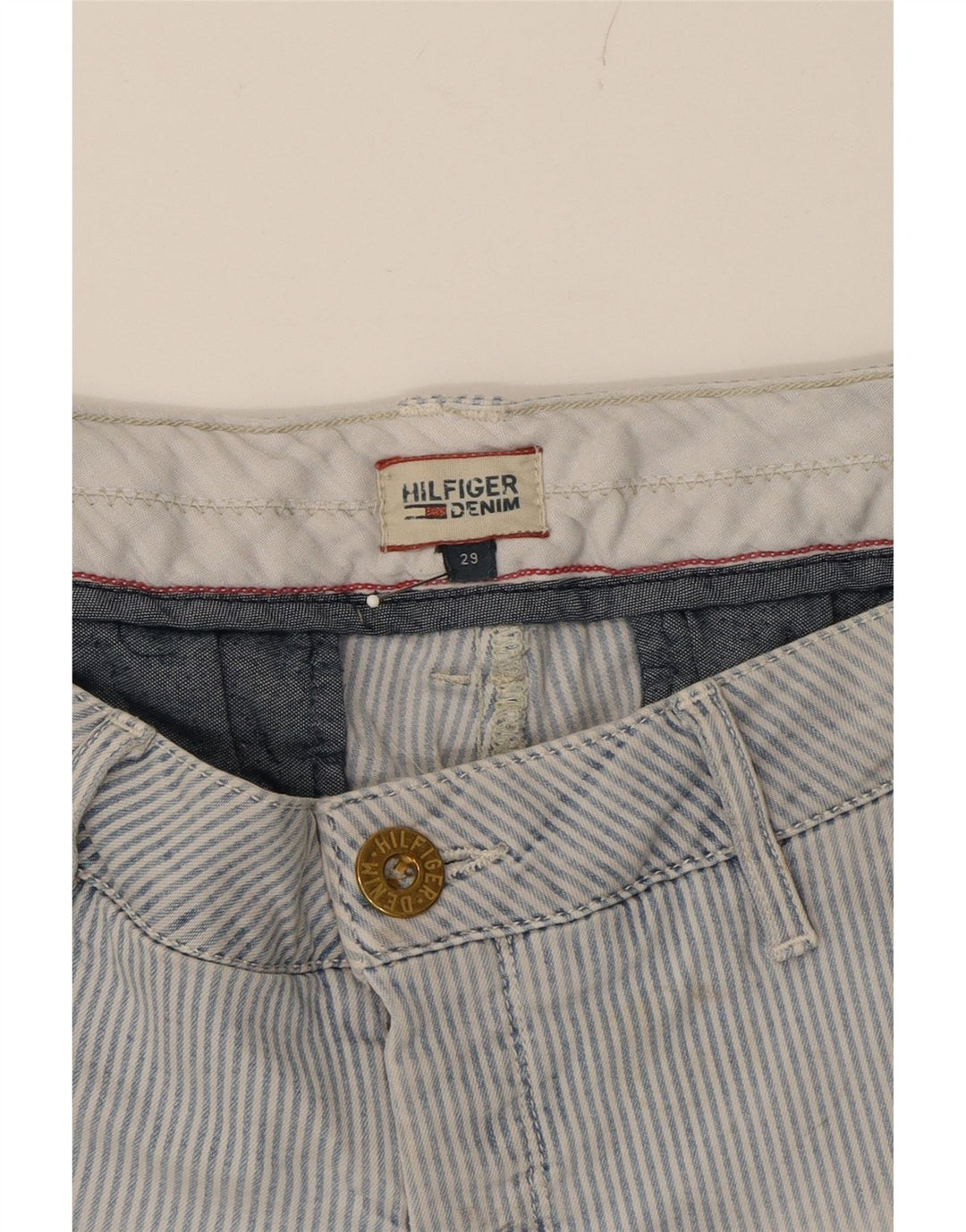 TOMMY HILFIGER Womens Chino Shorts W29 Medium Blue Pinstripe Cotton Vintage Tommy Hilfiger and Second-Hand Tommy Hilfiger from Messina Hembry 