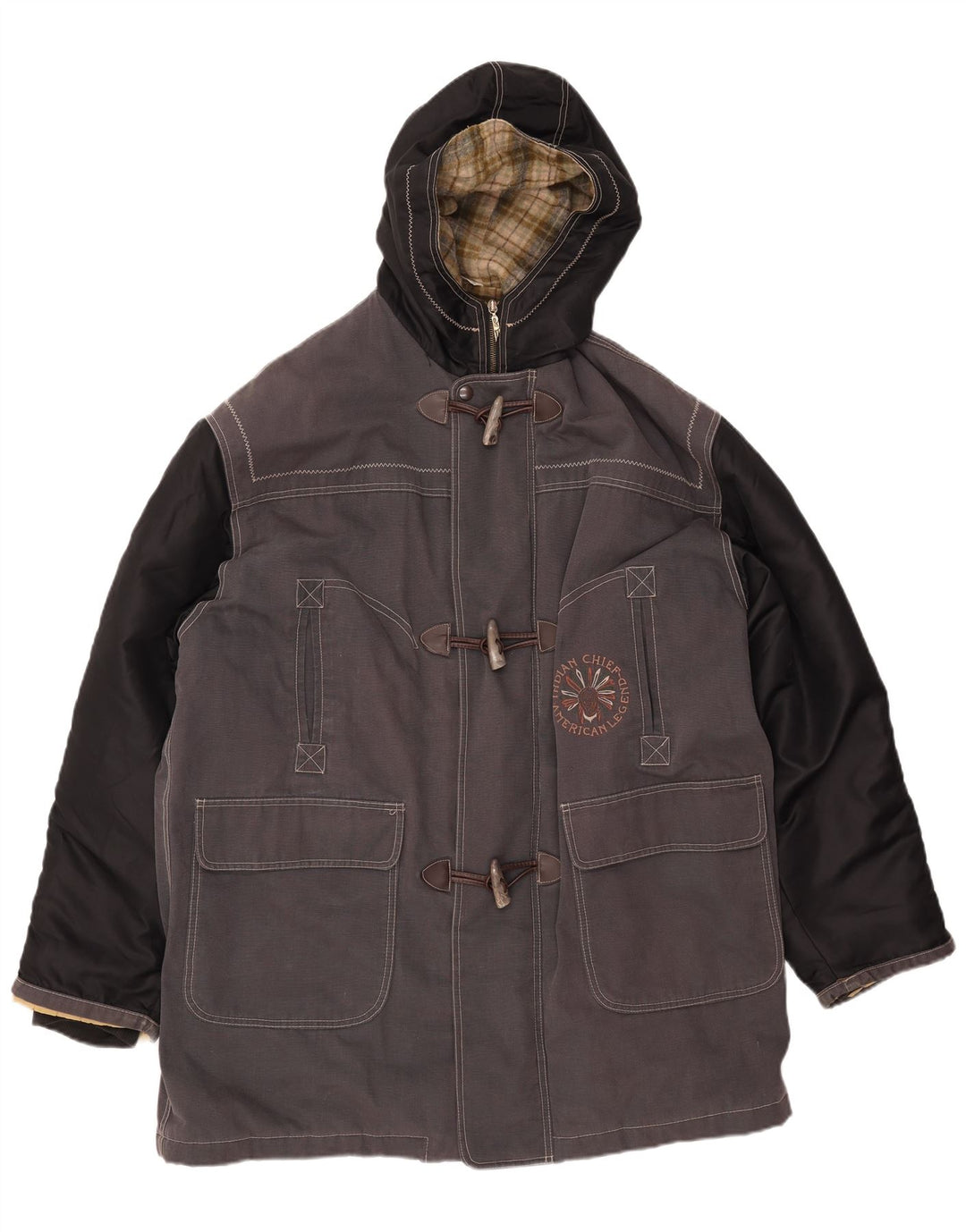 VINTAGE Herre Hooded Duffel Coat UK 42 XL Grå Colourblock Bomuld