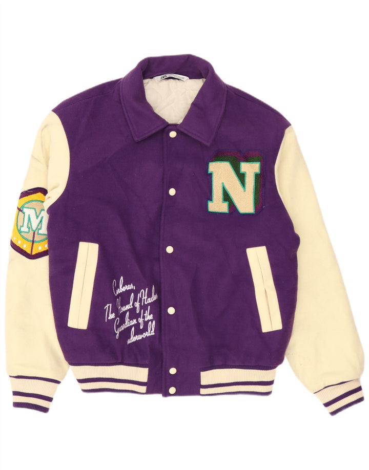 ZARA Grafisk Varsity-jakke til mænd UK 38 Medium Lilla Colourblock Polyester