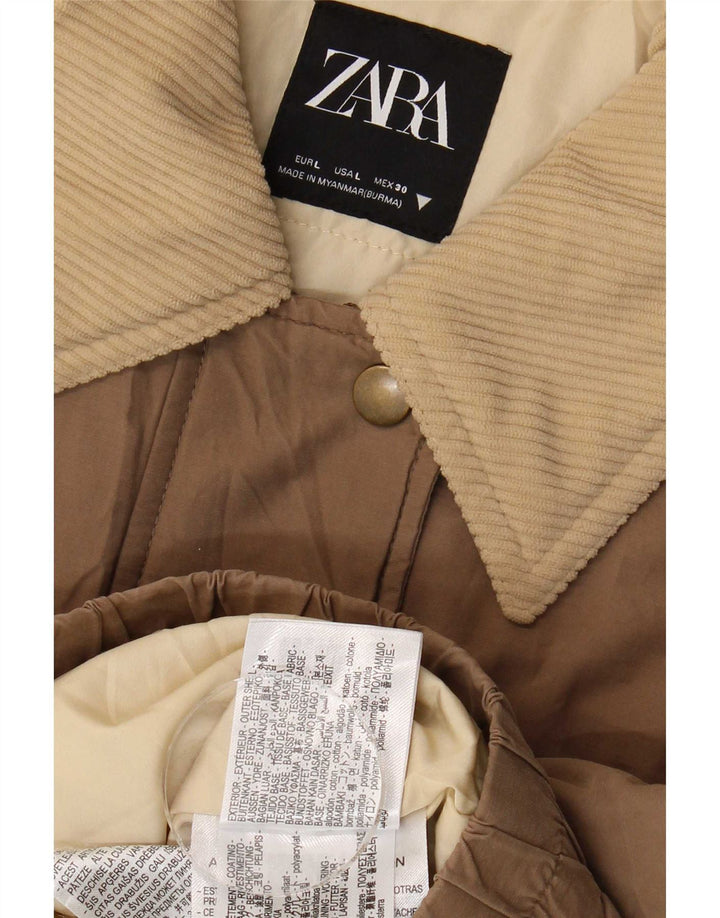 Zara Womens Crop Bomber Jacket UK 16 Stor brun bomuld