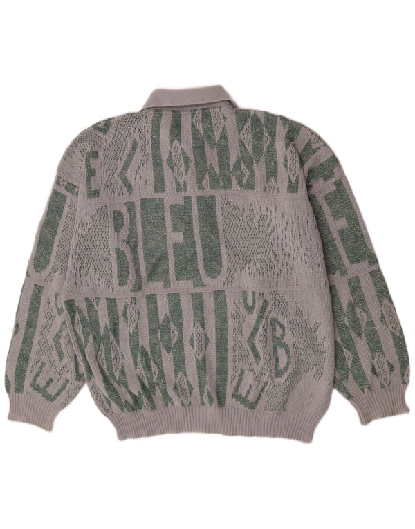Vintage herre grafisk polo hals sweater XL grå bomuld