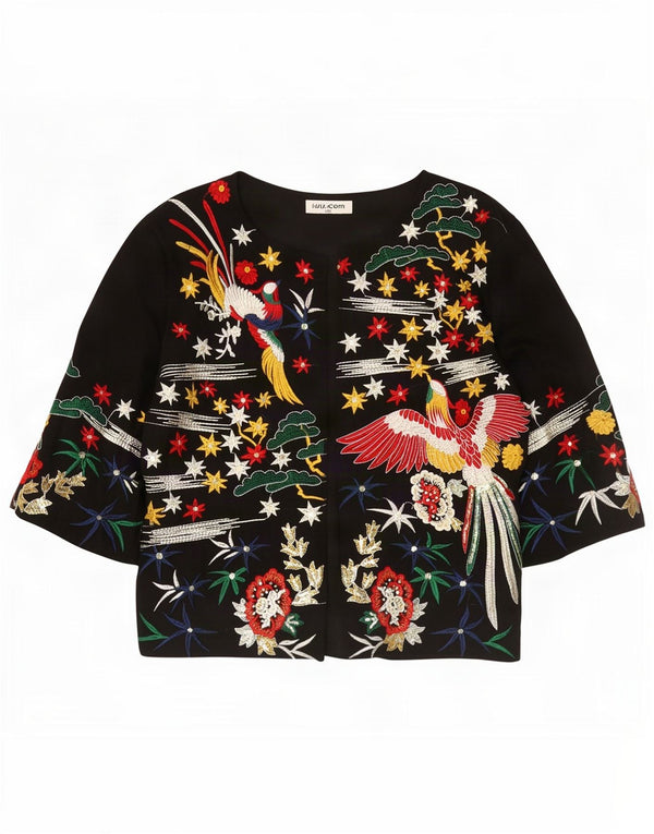 Vintage Kvinders Grafisk Cardigan Top UK 14 Large Black Floral Bird