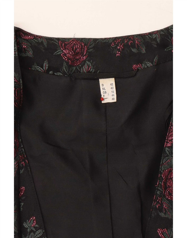 Vintage Dame 3-knaps blazerjakke UK 16 Large Black Floral Acetate