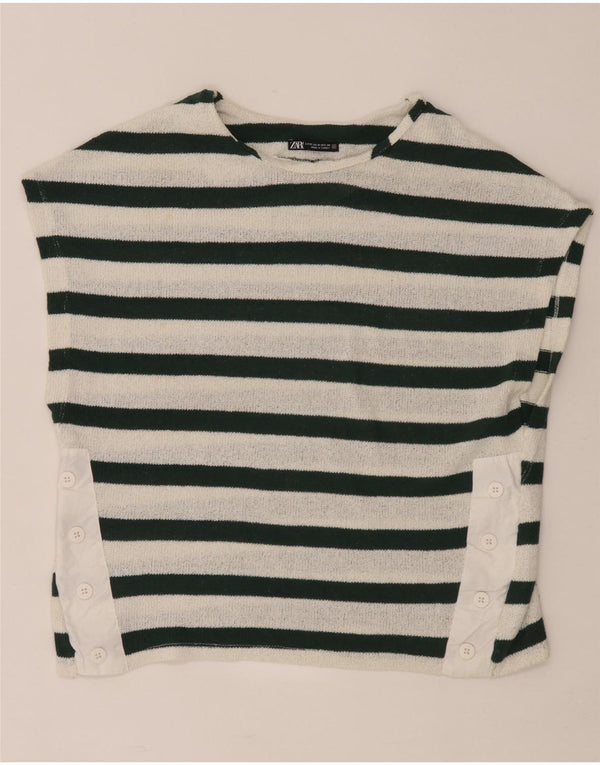 Zara Dame T-Shirt Top UK 14 Medium Hvid Stribet