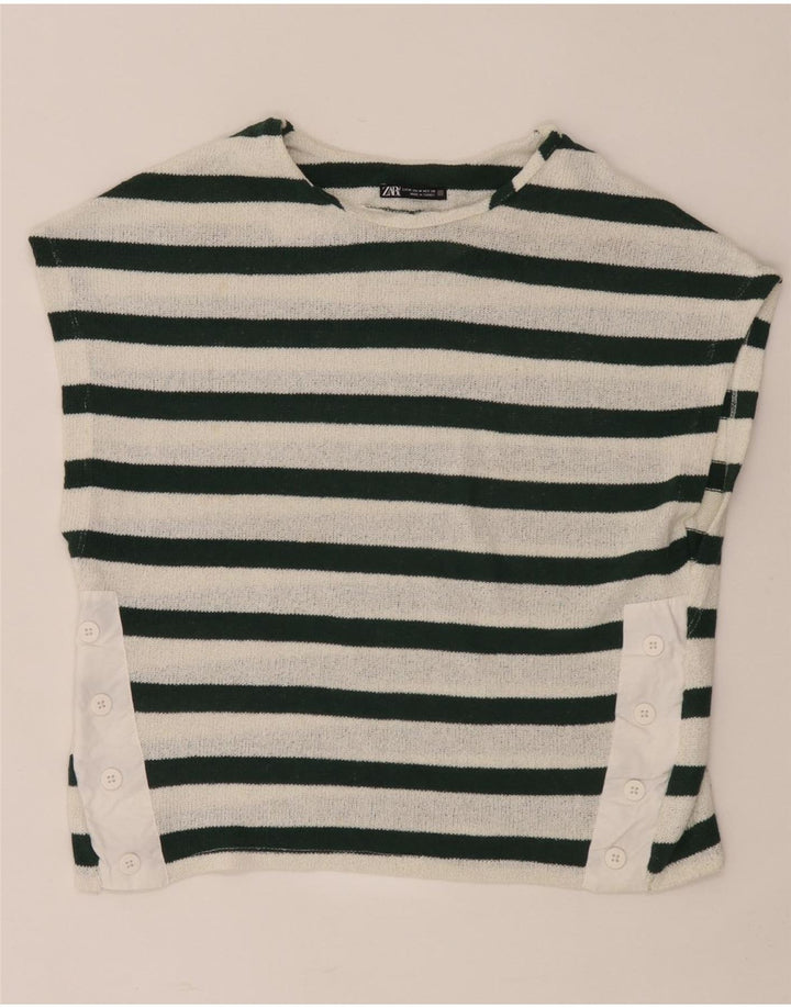 Zara Dame T-Shirt Top UK 14 Medium Hvid Stribet