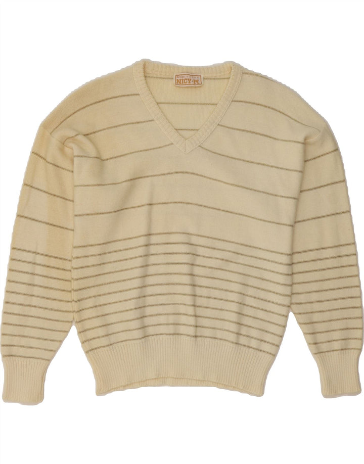 VINTAGE Womens V-Neck Jumper Sweater UK 14 Medium Beige Striped Vintage Vintage and Second-Hand Vintage from Messina Hembry 