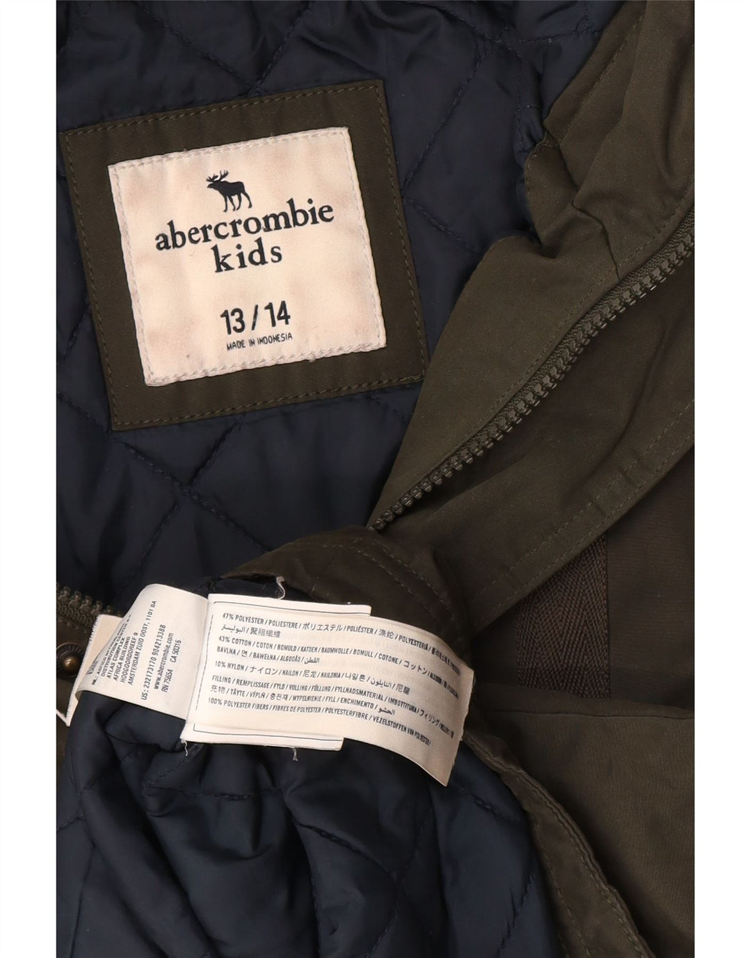 ABERCROMBIE & FITCH Parkajakke med hætte til drenge 13-14 år Khaki Polyester