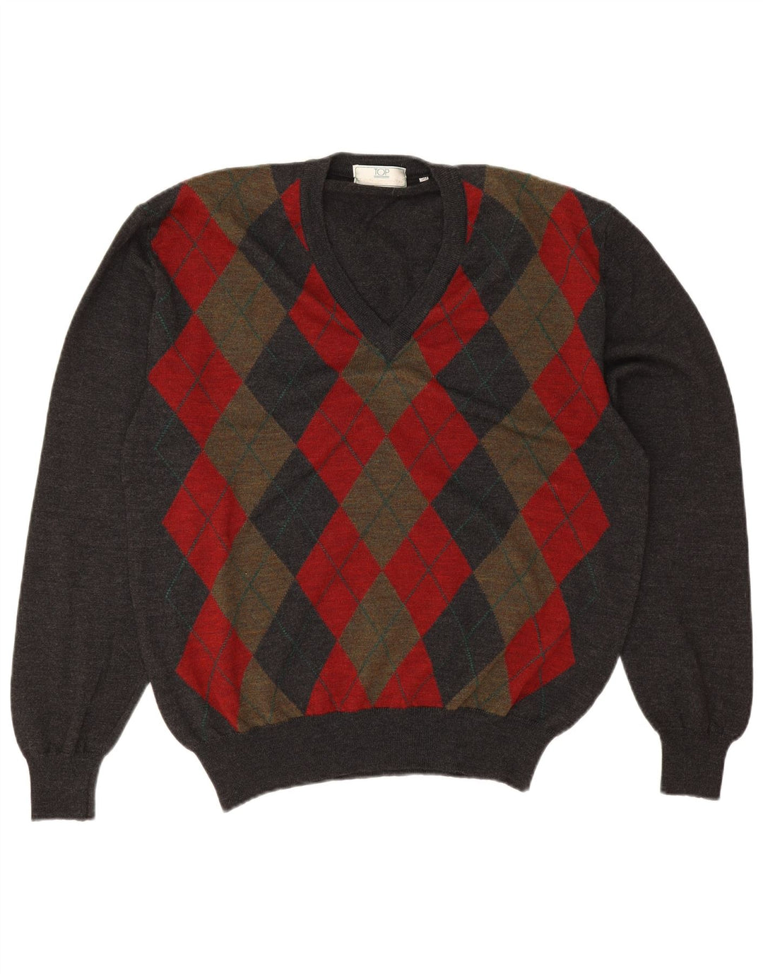Vintage Herre V-hals sweater IT 50 Medium Grey Argyle/Diamond