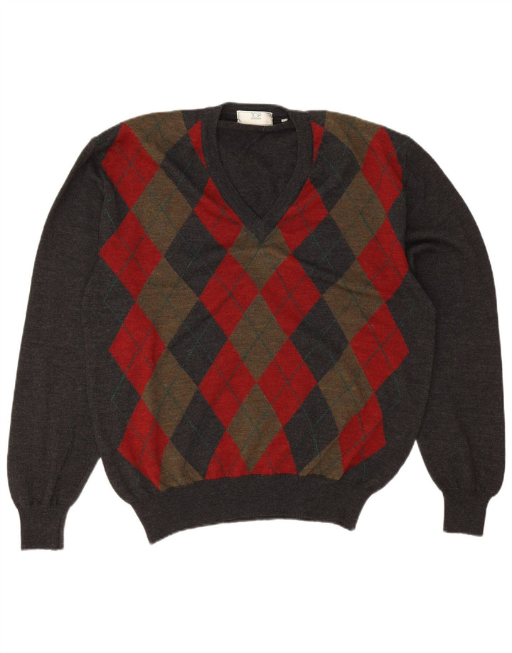 Vintage Herre V-hals sweater IT 50 Medium Grey Argyle/Diamond