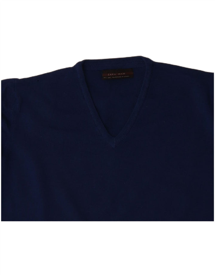 ZARA Mens V-Neck Jumper Sweater Large Navy Blue